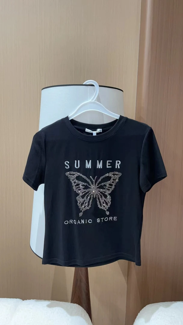 【熙宝-Dag】 2024夏季新款蝴蝶烫钻字母印花短袖T恤xtzz01004