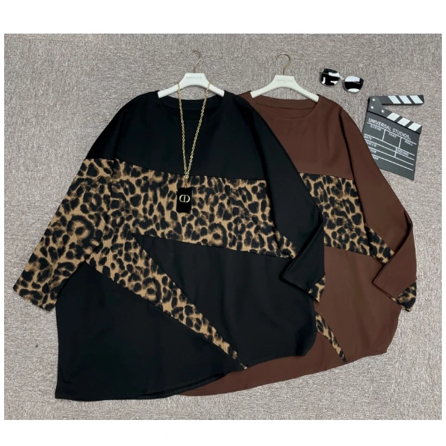 【鑫蕾】新款时尚长袖豹纹拼接圆领宽松大款百搭显瘦卫衣28168