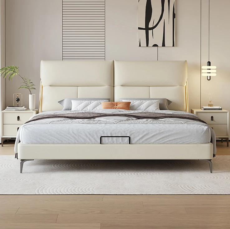 头层牛皮床家用免洗头层牛皮现代简约轻奢真皮软床主卧双人床婚床