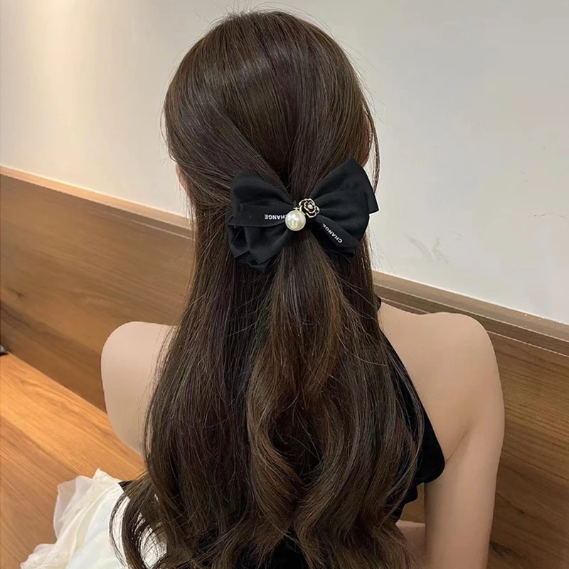 小香风百搭黑色珠珠茶花蝴蝶结头饰发夹气质网红轻奢法式时尚ins