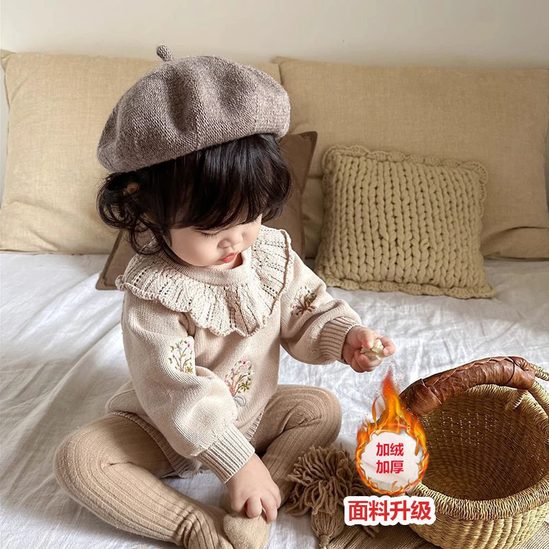 2025春秋装婴儿针织荷叶领长袖哈衣女宝宝绣花毛线包屁衣毛衣爬服