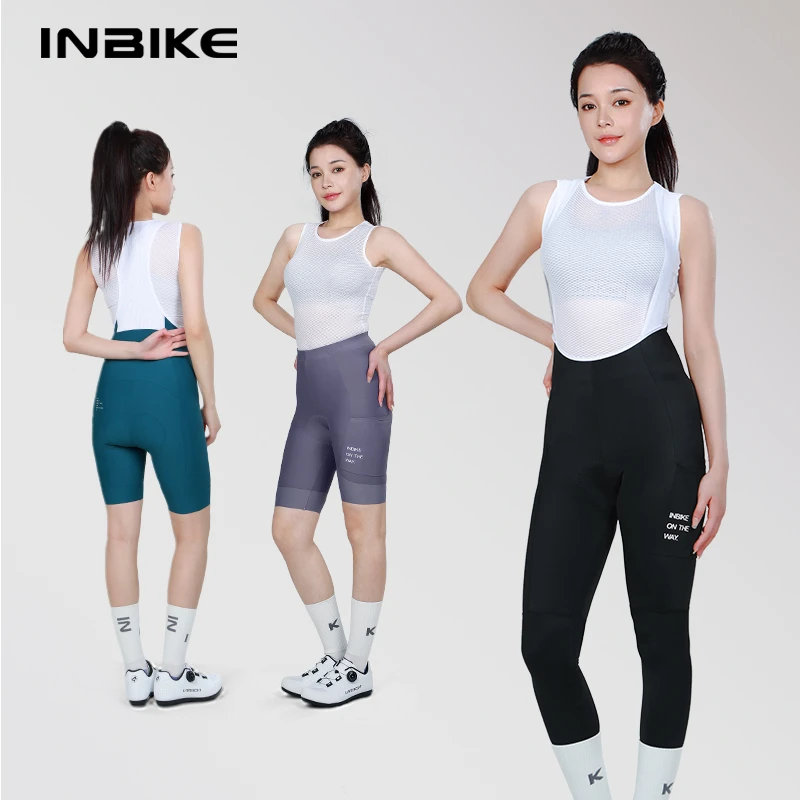INBIKE运动女士春秋季骑行裤高腰侧口袋便携背带裤公路自行车短裤