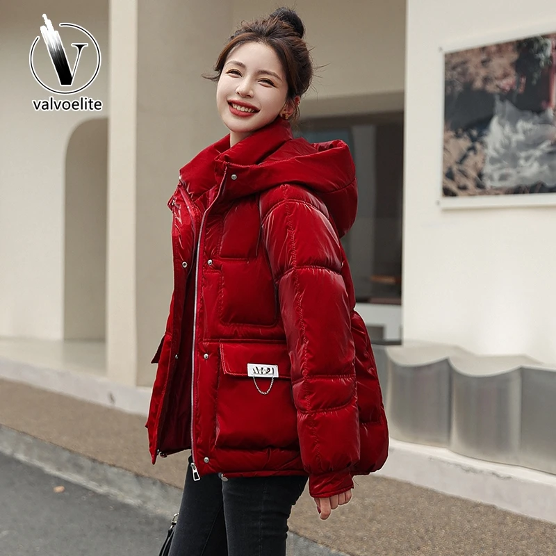 VALVOELITE短款羽绒棉服女2024新款冬季亮面连帽棉衣超好看款棉袄