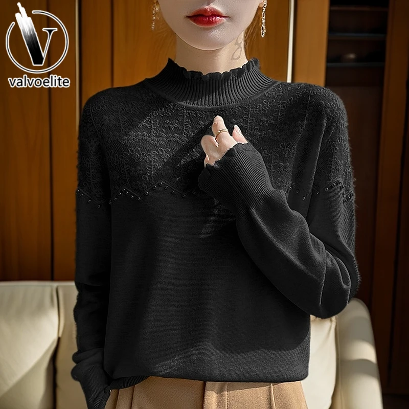 VALVOELITE蕾丝边半镂空针织衫冬季小香风可外穿毛衣女洋气打底衫