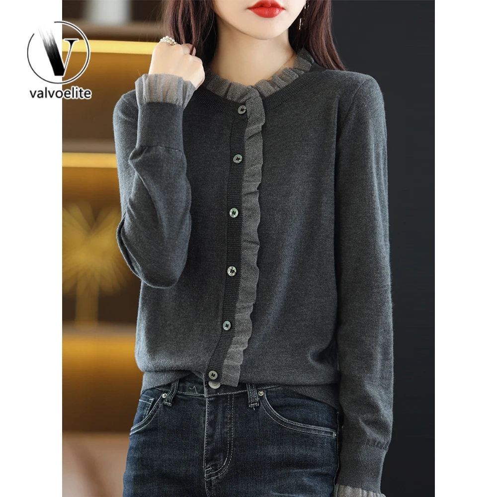 VALVOELITE蕾丝针织开衫女春秋季毛衣外套大码打底衫洋气外搭上衣