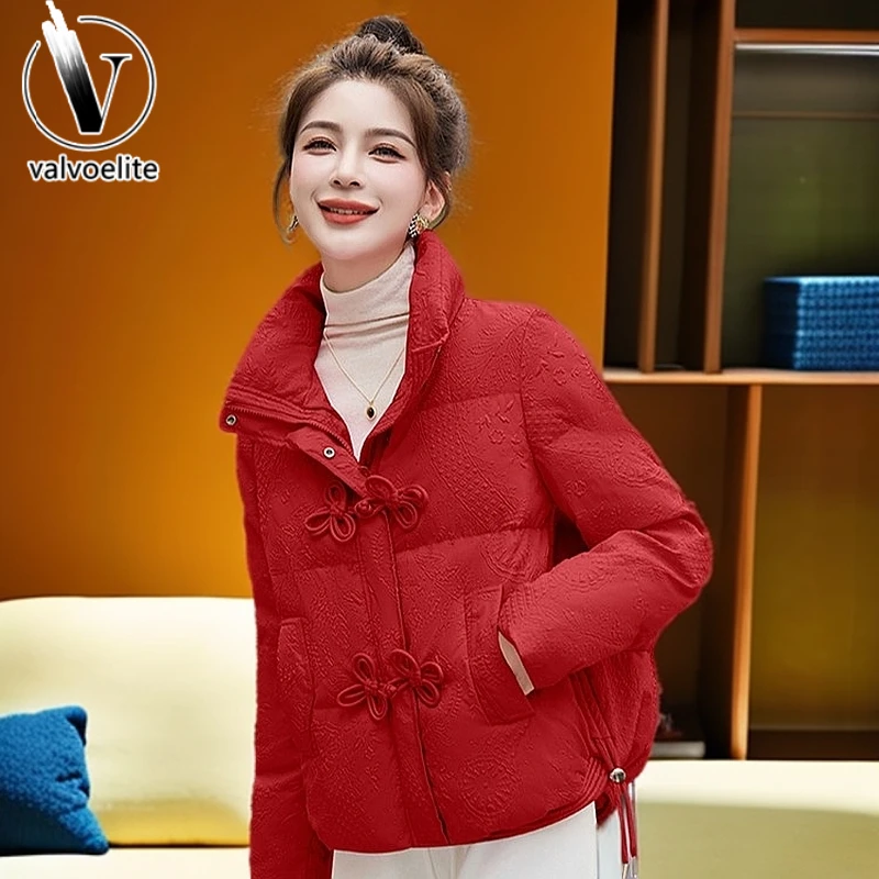 VALVOELITE小个子短款棉衣女红色保暖羽绒棉服冬季宽松加厚面包服