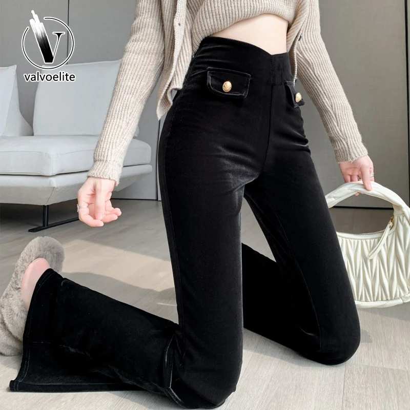 VALVOELITE金丝绒喇叭裤女秋冬加绒加厚高腰垂感休闲裤窄版阔腿裤