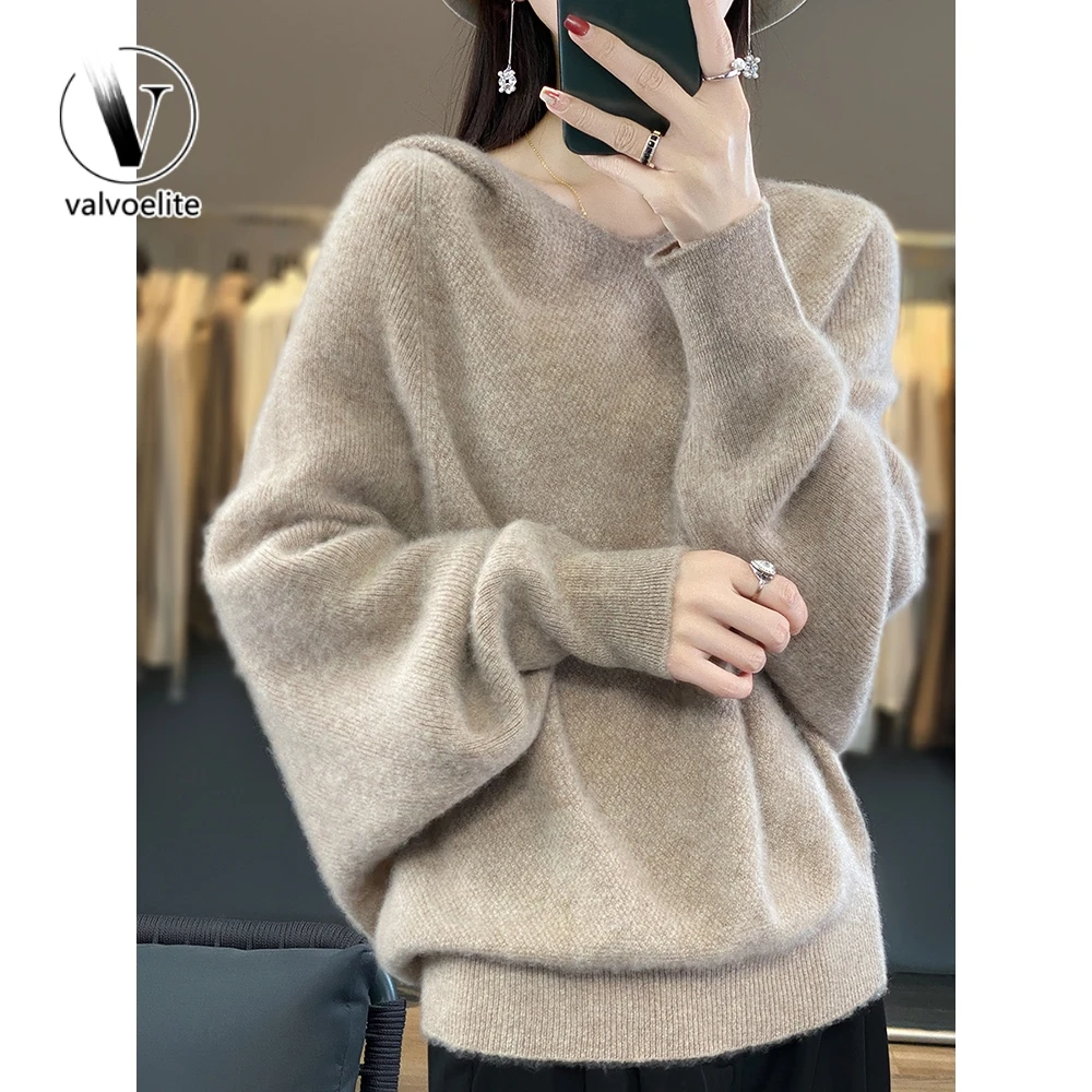 VALVOELITE羊毛衫女冬季蝙蝠袖气质慵懒风连帽内搭毛衣羊绒针织衫