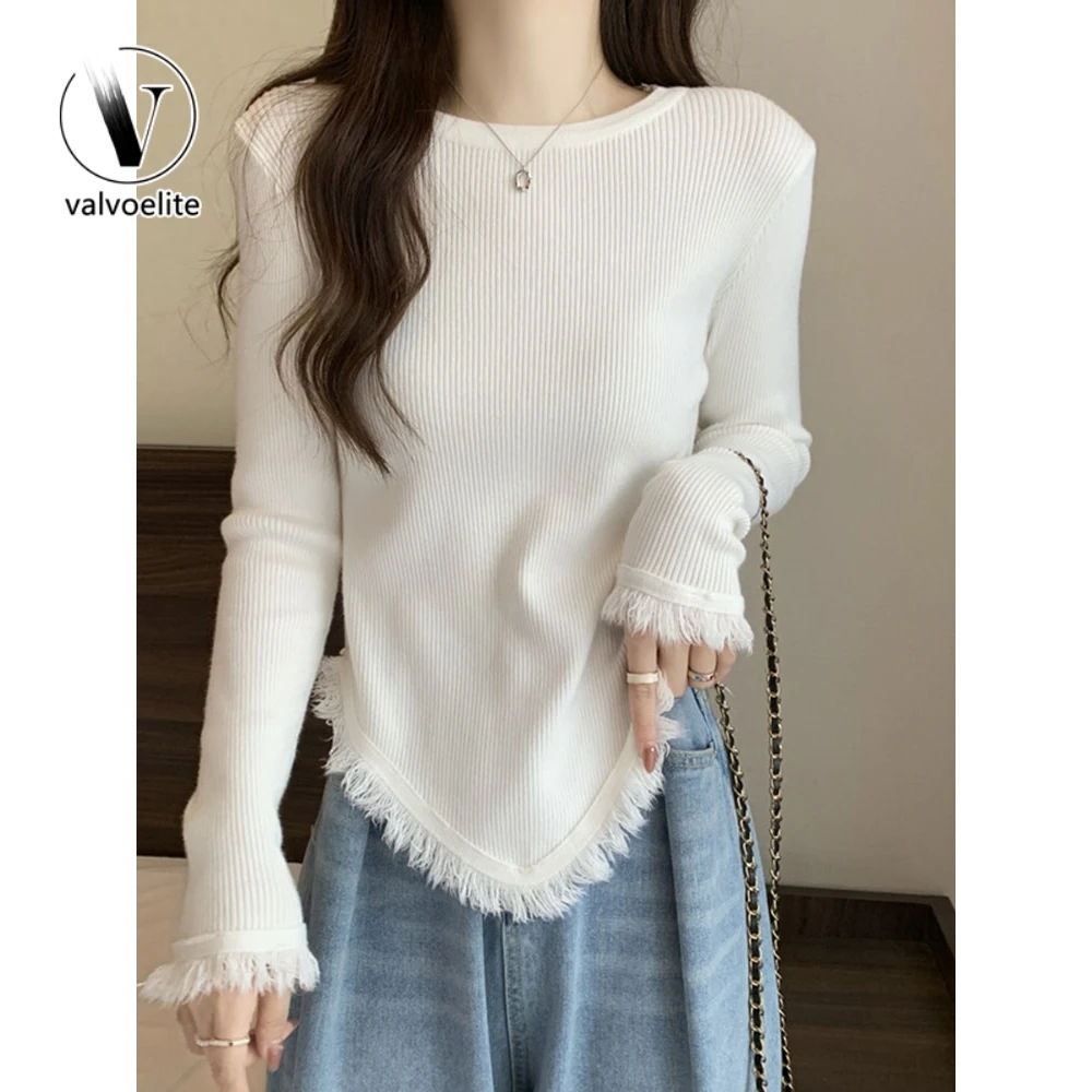 VALVOELITE大码遮肚流苏长袖针织衫女修身短款别致毛衣打底衫上衣