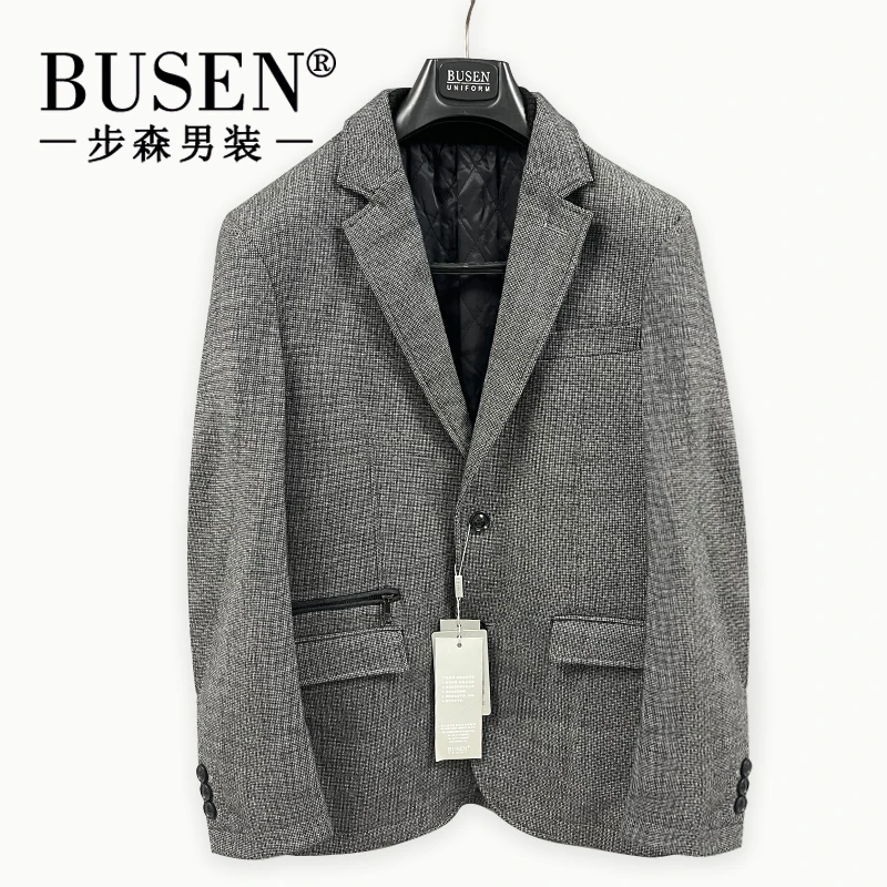 Busen/ 步森单西秋冬宽松休闲西服上衣灰色千鸟格单西两扣男装