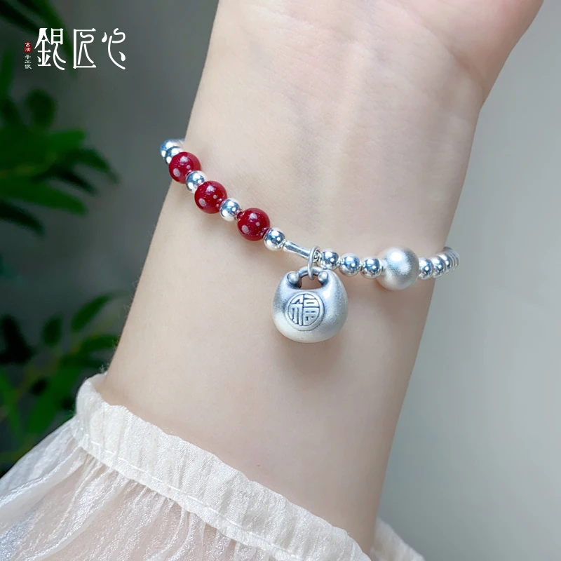 足银手链 【银匠心】足银999纯银小胖福招财好运百搭复古银手链手串