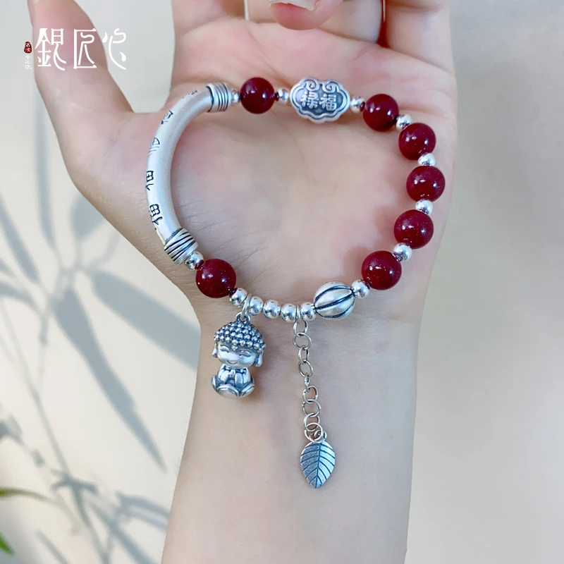 足银手链 【银匠心】足银纯银宝宝佛平安福禄五福手串百搭复古手链