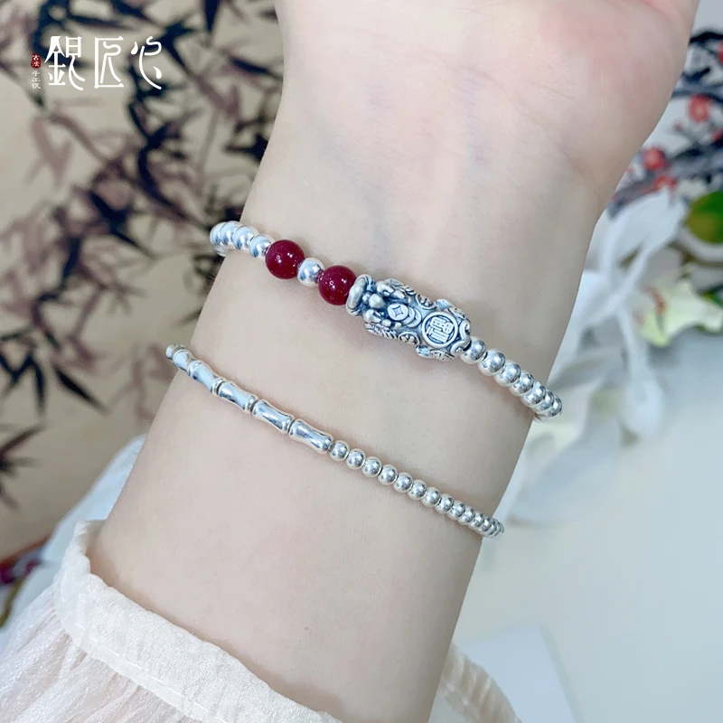 足银手链 【银匠心】足银999纯银貔貅招财紫金砂银珠百搭复古手链