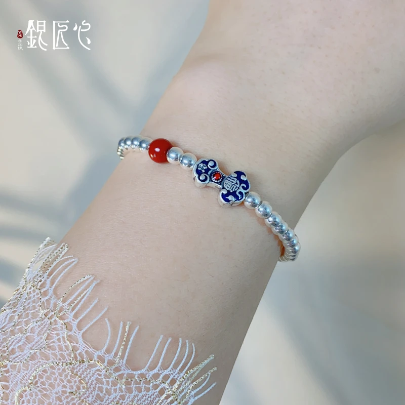 足银手链 【银匠心】足银999纯银事事如意紫金砂时尚百搭复古手链