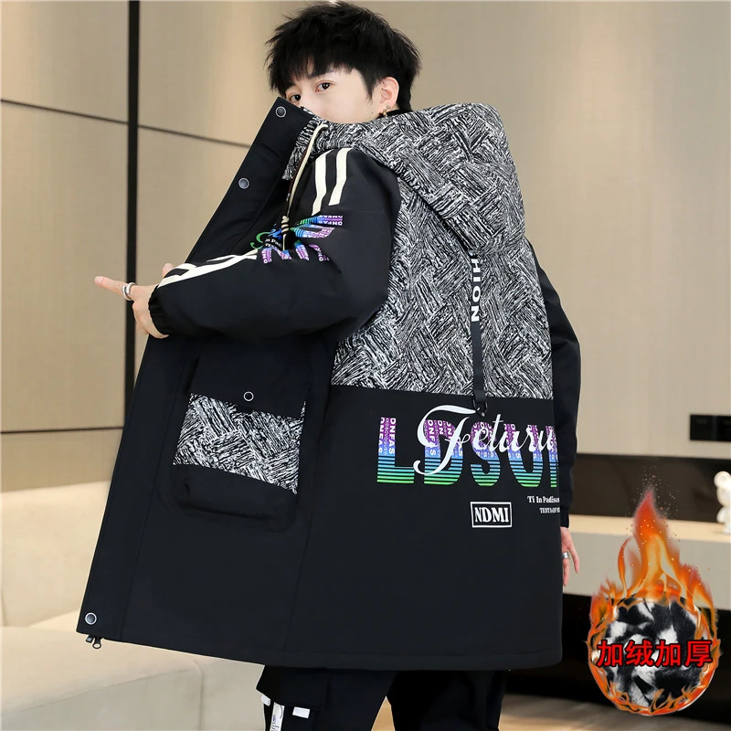 (200斤内)冬季男士连帽加绒厚中长款派克服套装帅气夹克外套棉服