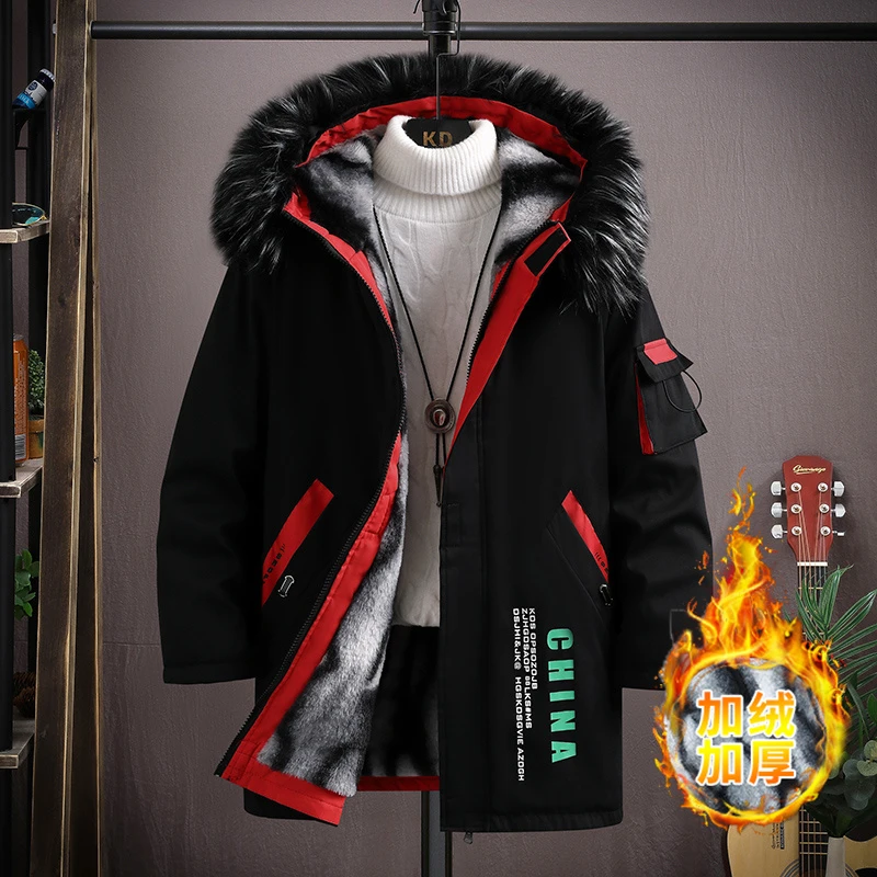 (210斤内)冬季男士加绒加厚大毛领中长款派克服夹克外套帅气棉衣