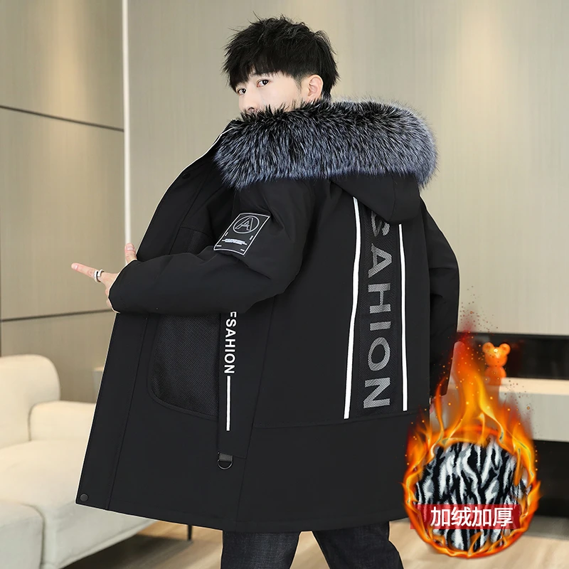 (200斤内)冬季男士大毛领加绒加厚中长款派克服夹克帅气外套棉服