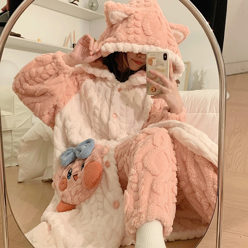 睡袍冬款女加厚加绒星之卡比珊瑚绒浴袍秋冬季天家居服法兰绒睡衣