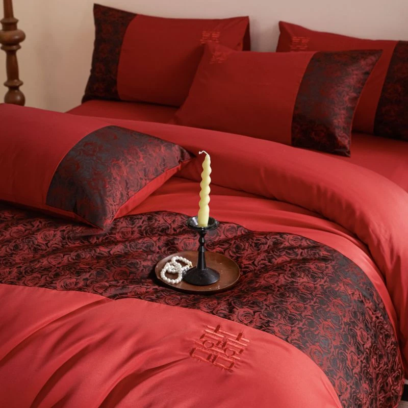 高档提花中式结婚四件套婚庆喜字刺绣被套大红色床单陪嫁床上用品