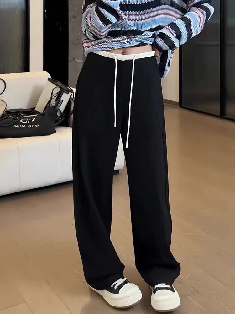大码女装黑色直筒休闲西裤秋季新款梨形身材胖mm高腰显瘦抽绳裤子