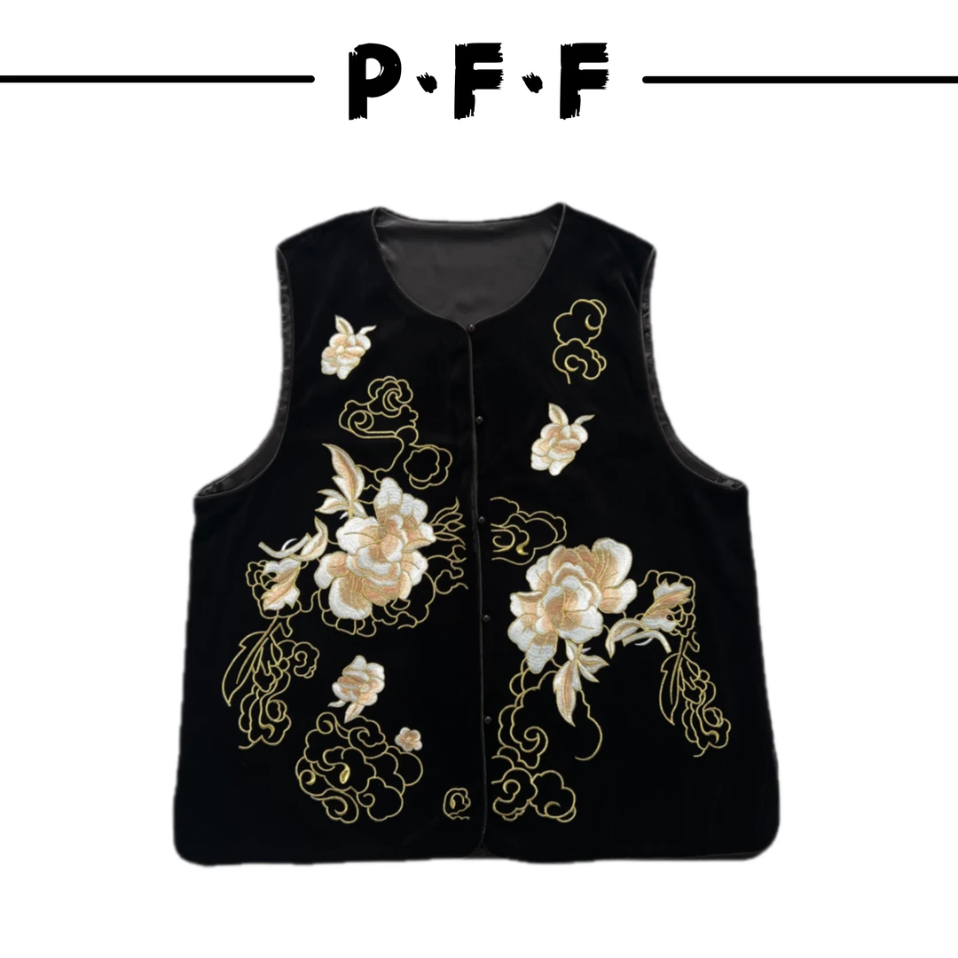 清仓断码号no退no换【牡丹花开】国风刺绣绣花丝绒薄款无袖复古马甲