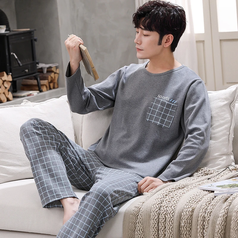 纯棉春秋冬季长袖睡衣男中青年男士休闲全棉宽松可外穿家居服套装