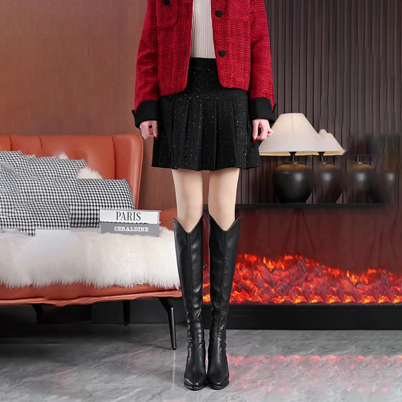 小香风百褶裙短裙女2024新款秋冬高腰a字裙遮胯显瘦小个子半身裙