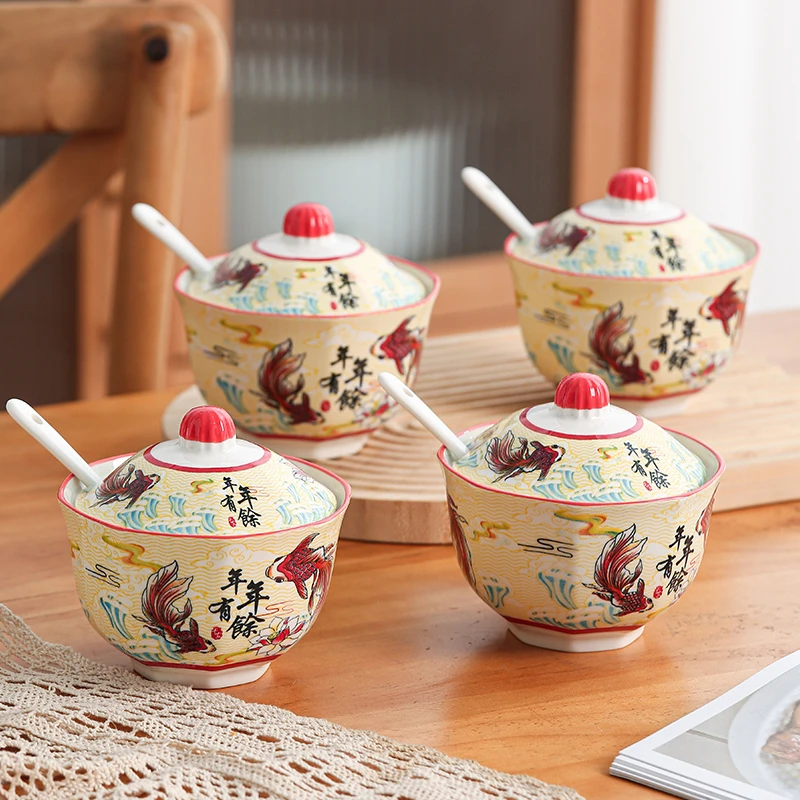 中式陶瓷调味罐隔水炖盅杯带盖配勺家用盐辣椒酱罐燕窝补品小汤盅