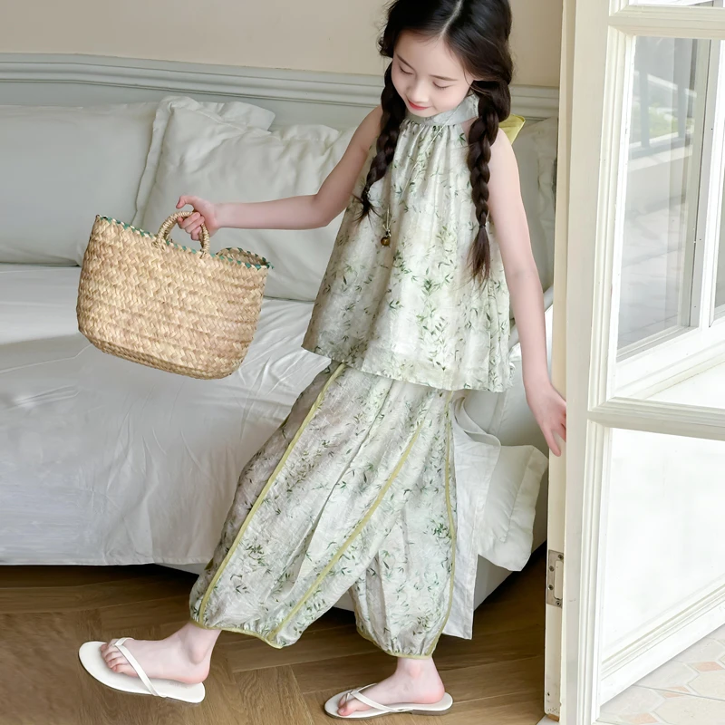 女童夏装2024新款套装儿童无袖两件套女孩小众清冷风亲子国风套装