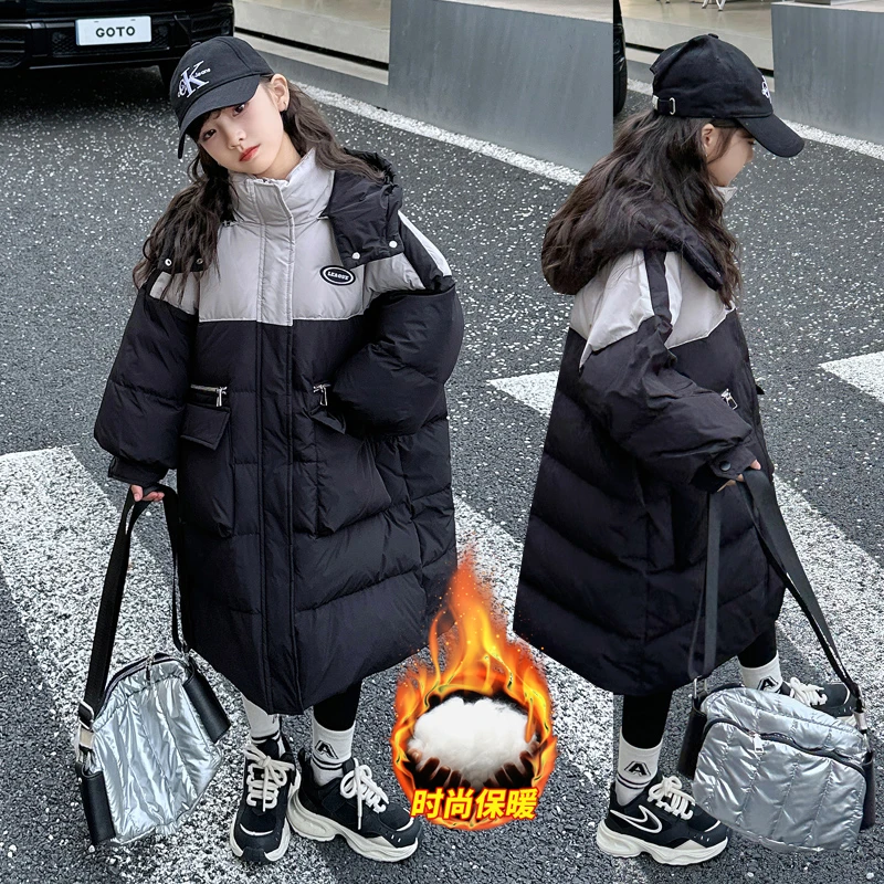 女童长款拼接棉衣2024新款洋气儿童时髦加厚棉袄中大童冬季衣服潮