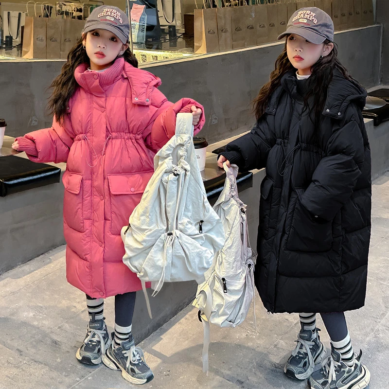 女童冬季羽绒服2025新款洋气中大童白鸭绒冬款中长款连帽加厚外套