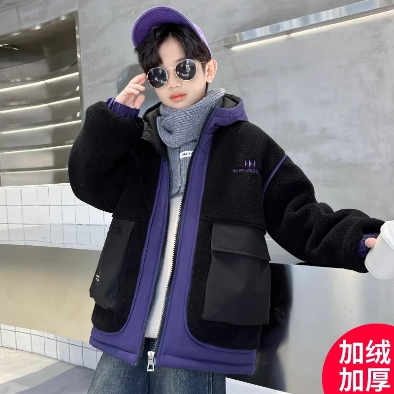 男童冬季加厚外套2023新款夹棉摇粒绒男孩秋冬款棉袄儿童酷帅冬装