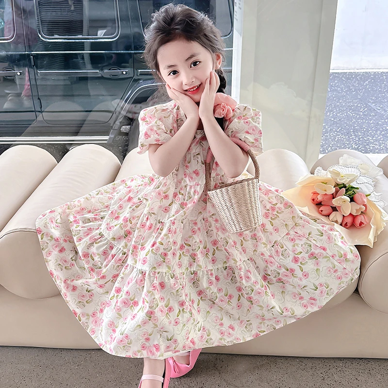 女童夏季纯棉碎花连衣裙泡泡袖玫瑰花宽松肥纯棉娃娃款油画风126