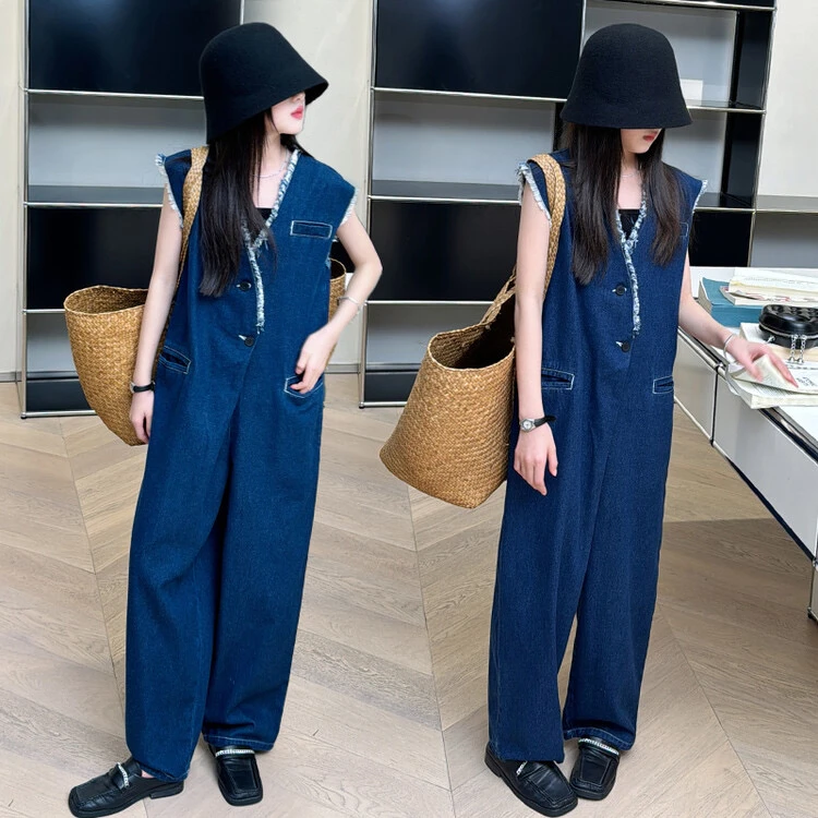 女童夏季时髦牛仔裤2024新款中大童韩版儿童毛边连体裤潮