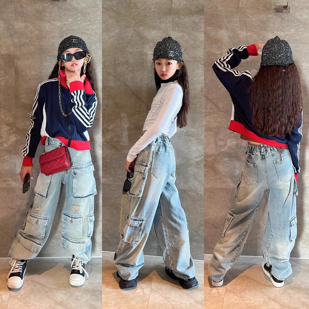 【范儿姐】女童2024秋季新款中大童宽松洋气多口袋工装牛仔裤潮