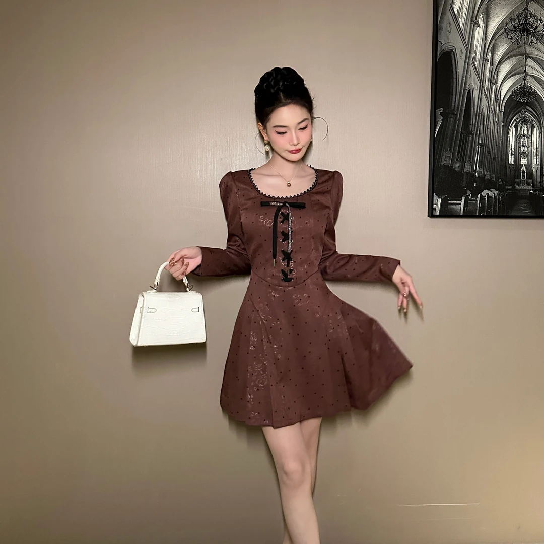 【花花原创】显瘦气质时尚法式收腰修身名媛设计感百褶连衣裙21497