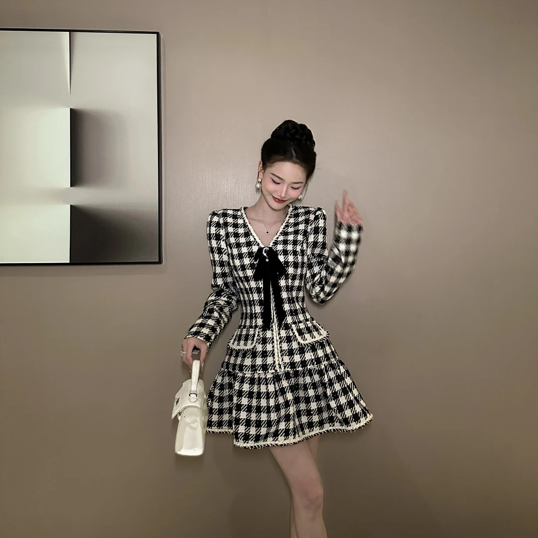 【花花原创】小香风千鸟格连衣裙 气质显瘦法式收腰名媛格子21509