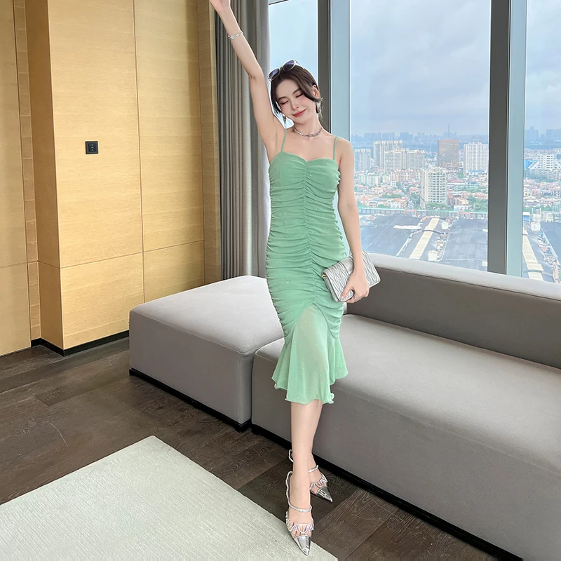 5800 法式高级感褶皱亮片宴会晚礼服气质轻奢鱼尾吊带连衣裙