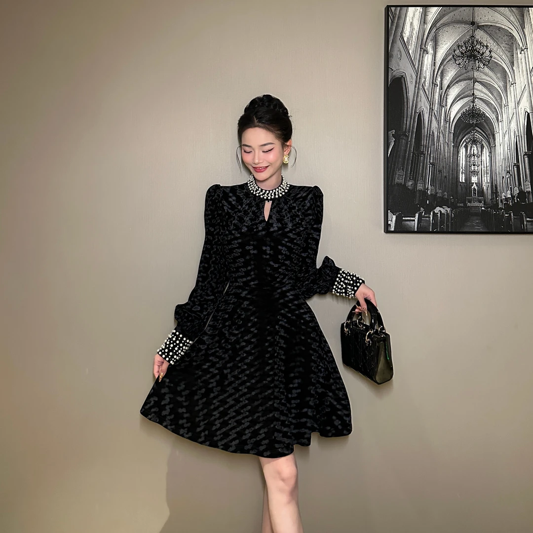 【花花原创】时尚显瘦气质收腰小香风提花手工珍珠袖连衣裙40628
