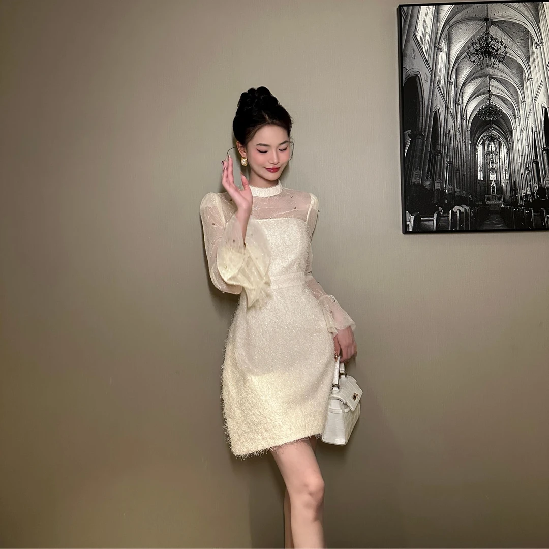 【花花原创】蕾丝显瘦气质复古法式修身名媛长袖连衣裙收腰21407