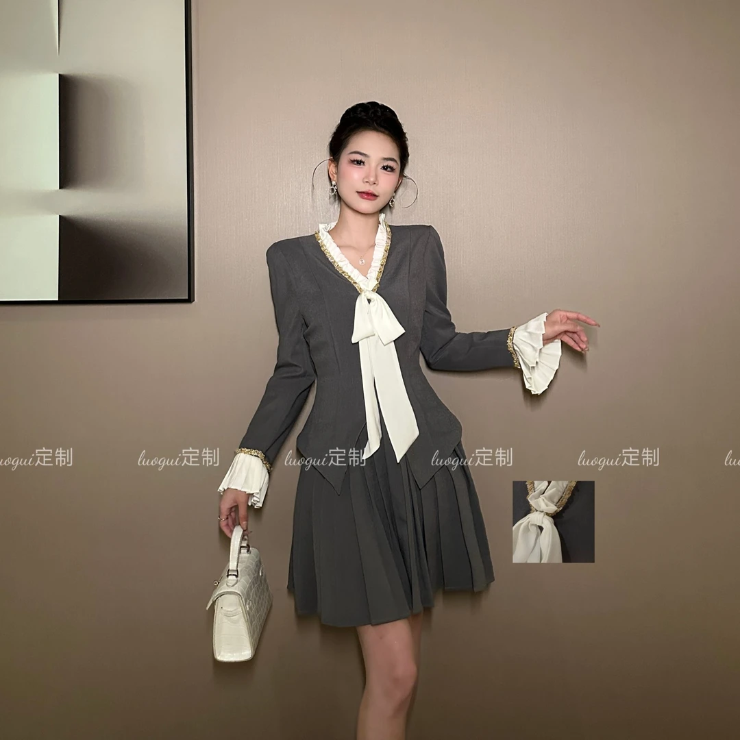 【花花原创】显瘦气质时尚收腰学院风百褶小香风复古连衣裙65266