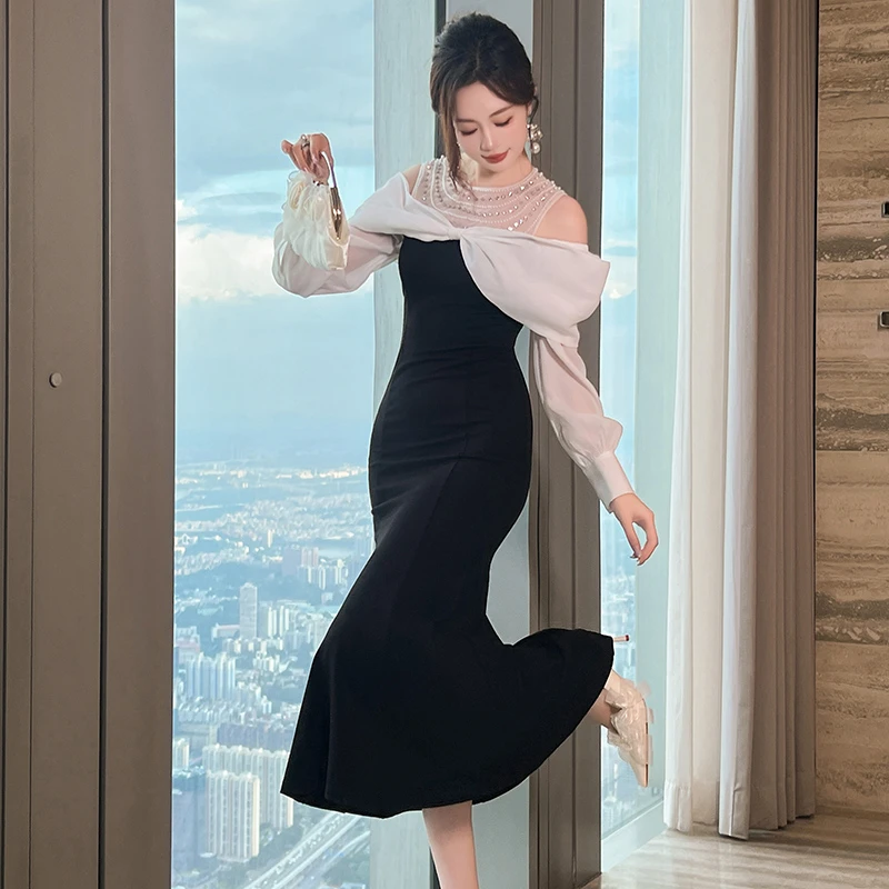 51100 名媛礼服显瘦气质长袖轻奢法式修身包臀开叉小众宴会连衣裙