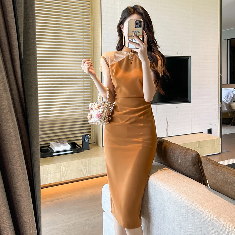 10347 气质时尚性感夏季无袖名媛优雅宴会修身包臀连衣裙