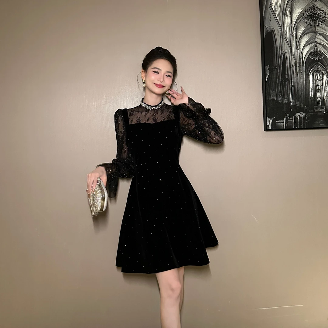 【花花原创】拼接名媛轻奢宴会亮钻小黑裙气质赫本风贵气连衣裙9937