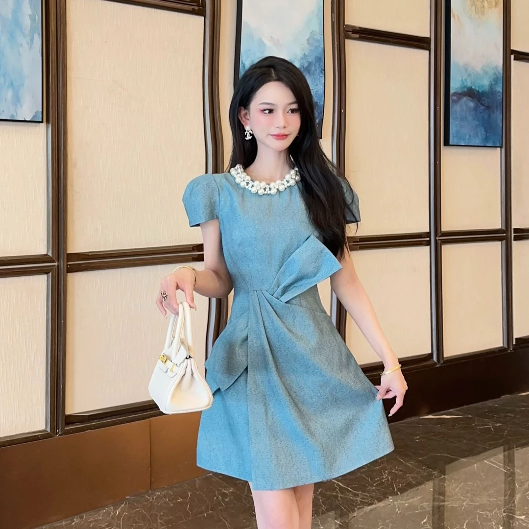 花花原创设计定制 气质小个子时尚复古拼接设计感连衣裙21289