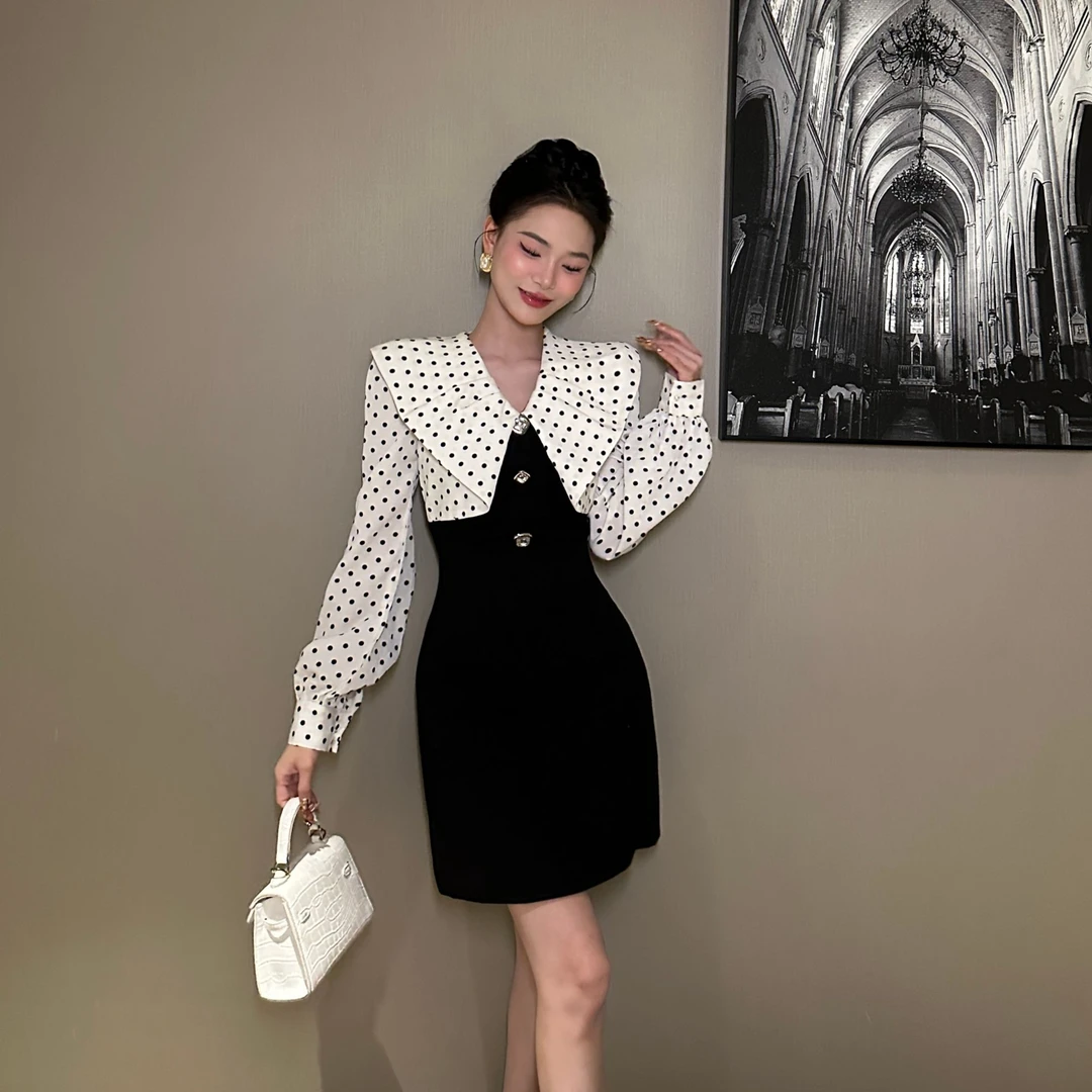 【花花原创】名媛设计感气质长袖时尚显瘦拼接收腰修身连衣裙21508