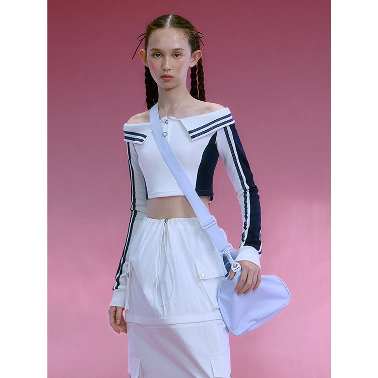 【LaluneDuCiel】LLDC一字肩修身显瘦上衣秋季长袖白色条纹士LT0012