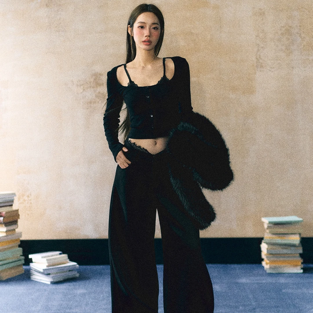 【LaluneDuCiel】LLDC复古设计感蕾丝腰头显瘦西裤阔腿气质LXCK0015