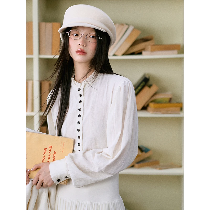 【LaLuneDuCiel】年终狂欢季纯棉减龄圆领木耳边衬衫女冬LSCS00609