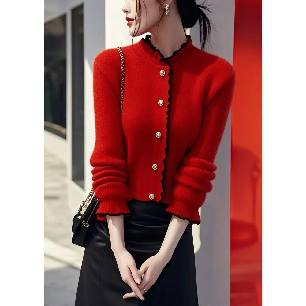 YS#红色新年毛衣冬季新款气质内搭荷叶边针织上衣DY11448